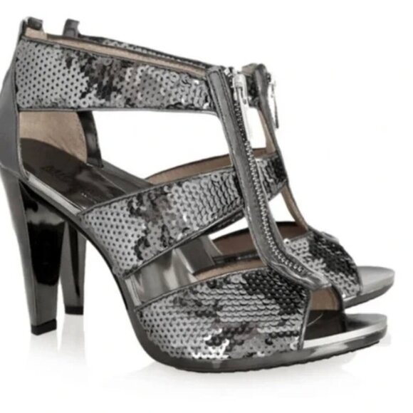MICHAEL KORS High Heel Size 9.5 Dark Silver Sequin Zip T Strap - Picture 1 of 9
